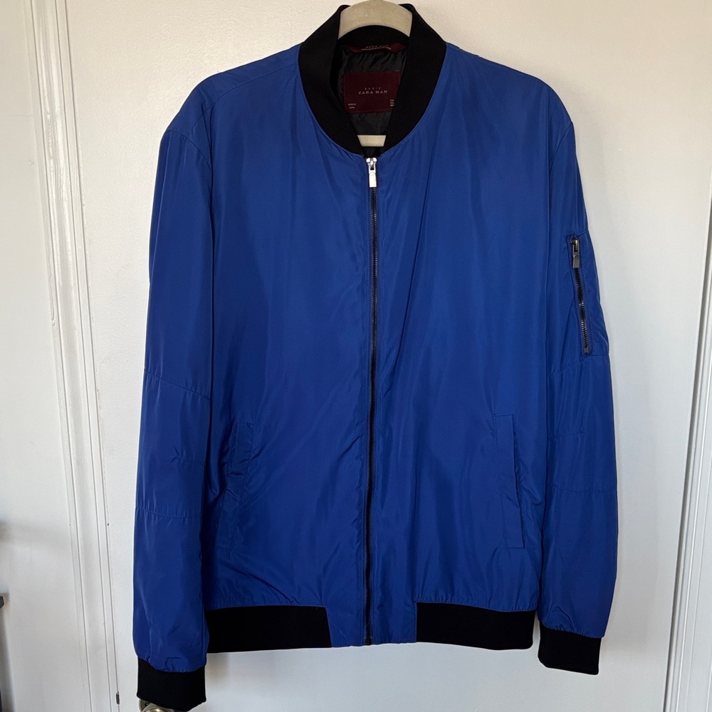 Zara Mens Light Bomber Jacket XXL Royal Blue & Black
